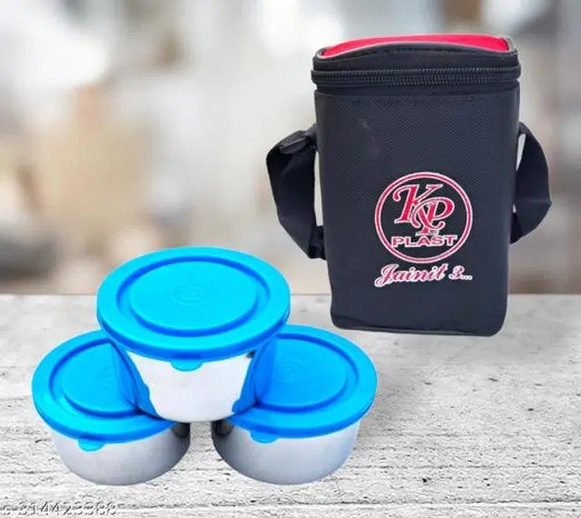 Stainless Steel 3 Boxes with Bag Lunch Box, Silver & Blue, Set of 1