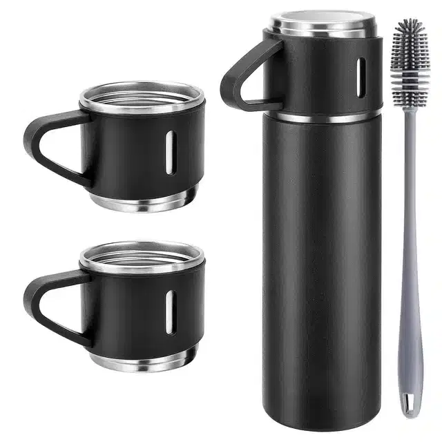 Stainless Steel Water Bottle with 3 Cups & 1 Silicon Brush, Black, 500 ml, Set of 5