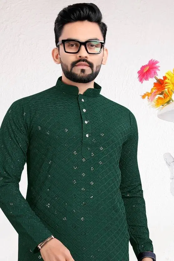 Cotton Blend Shiny Sequin Kurta for Men, Green (XL)