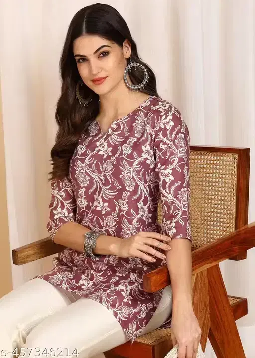 Floral Print Short Kurti for Women ,Pink (M)