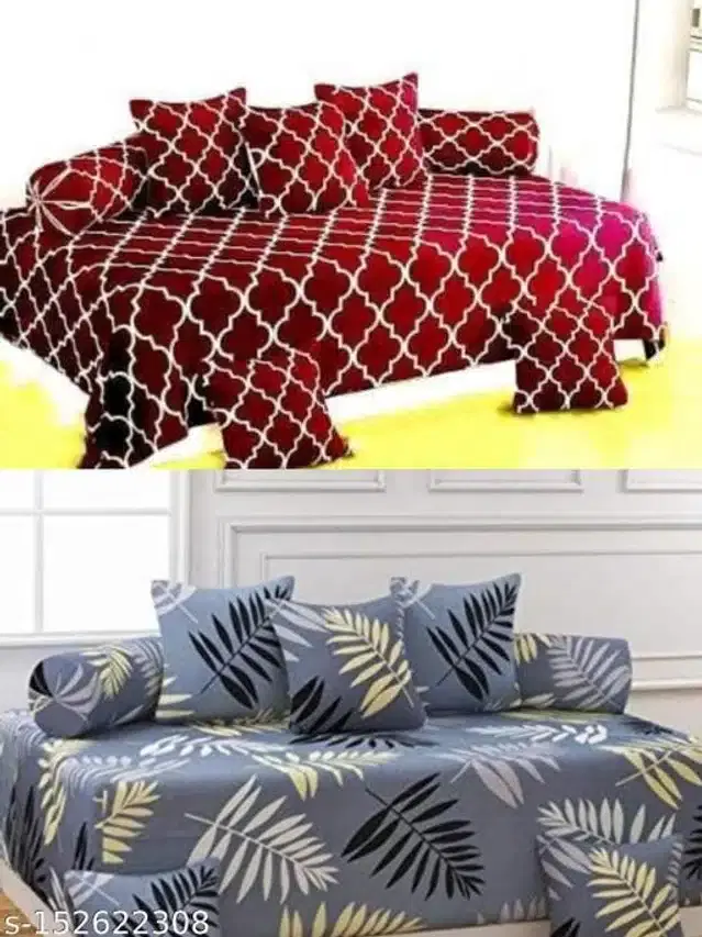 Polycotton Diwan Cover Set, Maroon & Grey, Combo of 2