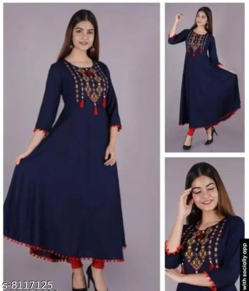 Women Rayon Flared Embroidered Orange Rayon Kurta Set For Women, Navy Blue (XL)