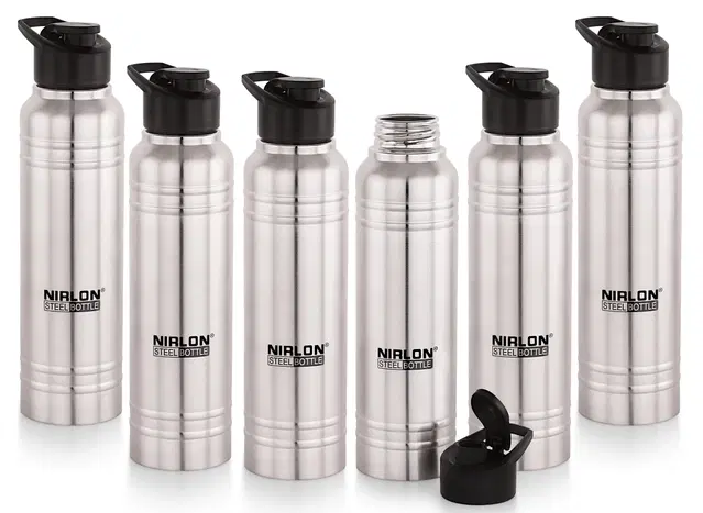Nirlon Polo Sport Flip  Single Wall Stainless Steel Bottle With Flip Cap, Set Of 6, 1000Ml|Silver|100% Leak Proof|Office Bottle|Gym Bottle |Hiking |Treking Bottle|Travel Bottle|Fridge Bottle
