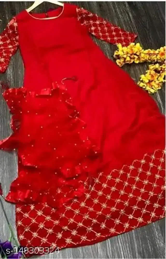 Women's Solid Anarkali Gown (Red, M)