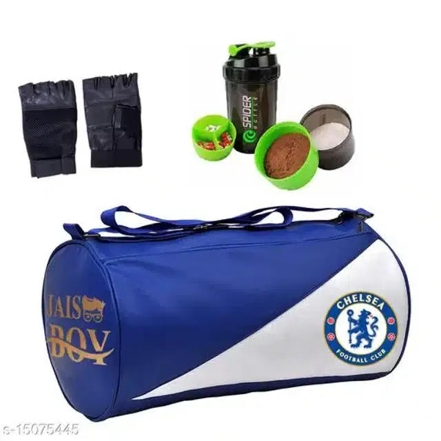 Combo of Gym Bag with Shaker Bottle, 600 ml, Gloves, Multicolor, Set of 3
