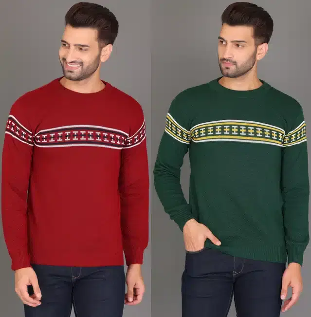 Cotton Jersey Printed Sweater for Men, Pack of 2 (Maroon & Green, M)