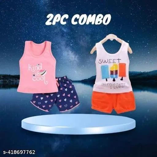 Hosiery Cotton Printed Clothing Set for Kids, Multicolor, Pack of 2 (0-3 Months)