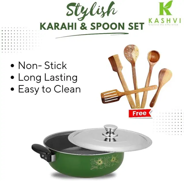 Cast Iron Kadai with 5 Pcs Spatula Set, Multicolor, Set of 2