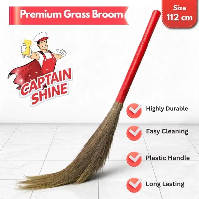 Captain Shine Premium Grass Broom with Plastic Handle, 425g [Net], 112cm