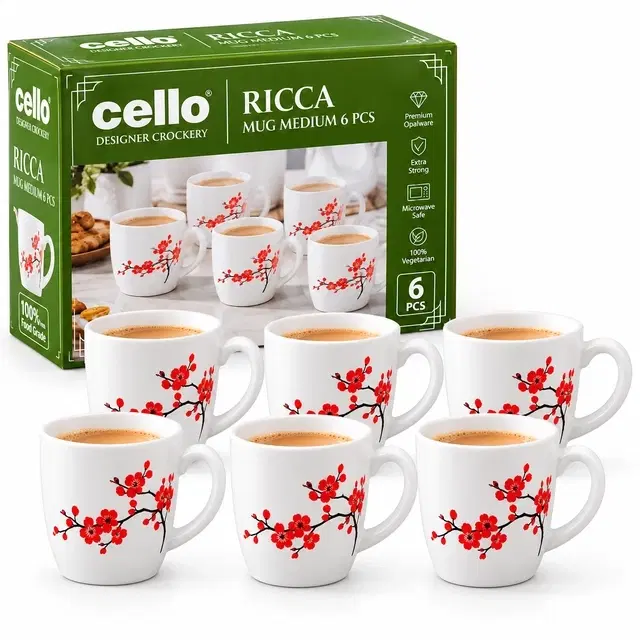 Cello Cherry blossom Ricca Mug Medium, 180ml | Set of 6 | Microwave & Dishwasher Safe | Chip-Resistant Opalware | For Tea, Coffee & Milk