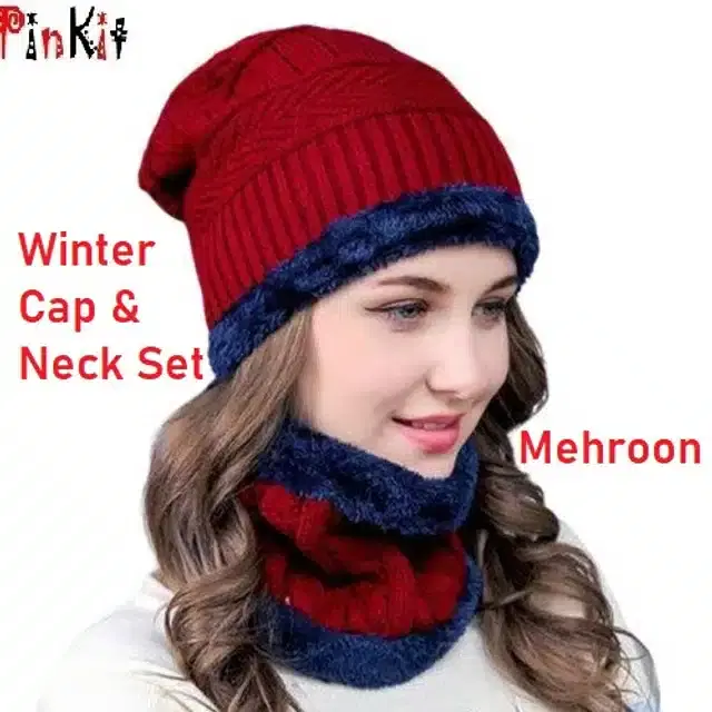 Winter Cap with Neck Warmer for Men & Women, Set of 1 (Maroon)