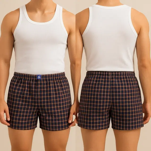 Polycotton Checkered Boxer for Men, Blue (XXL)