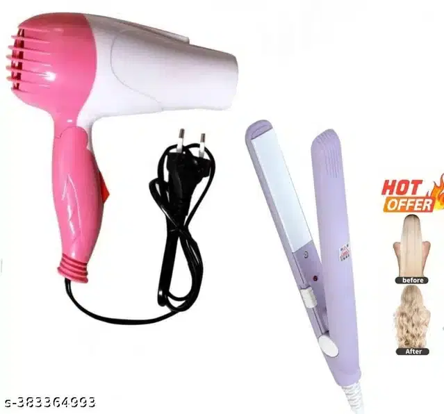 Mini Hair Straightener with Hair Dryer Combo, Multicolor, Set of 2