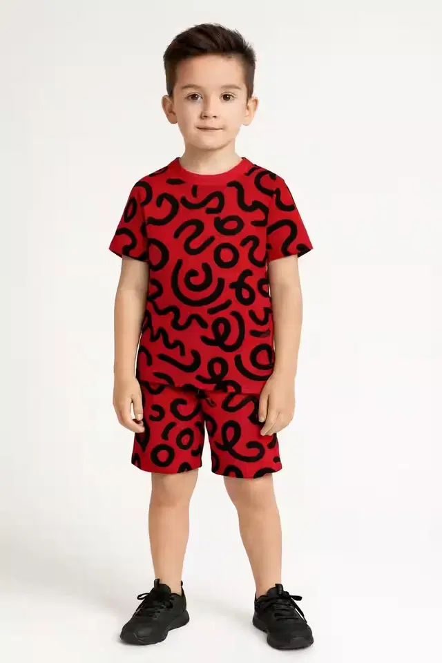 Cotton Geometric Print Clothing Set for Boys, Red (7-8 Years)