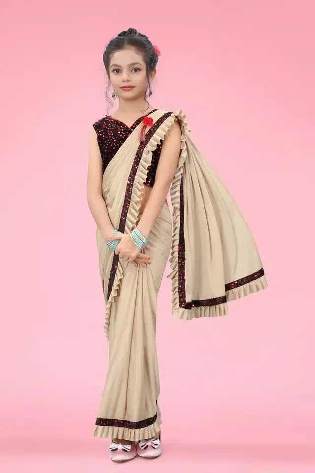 Ready to Wear Saree with Unstitched Blouse for Kids (Cream, 6-7 Years)
