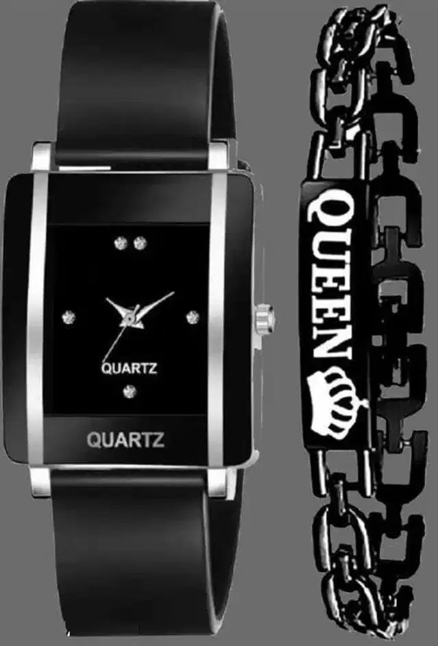 Analog Watch with Queen Bracelet for Women & Girls, Pack of 2 (Black)