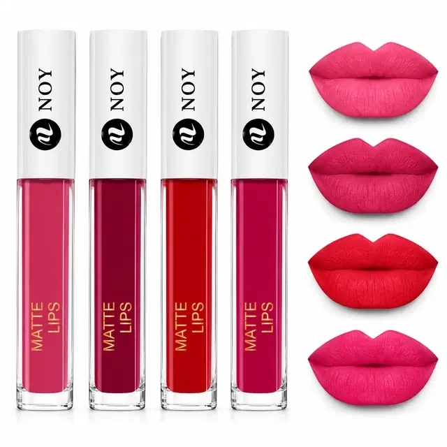 NOY Stay Chic Pure Matte Liquid Lipstick, Peach, Cherry Pink, Red, Magenta, 16 ml [Pack of 4]