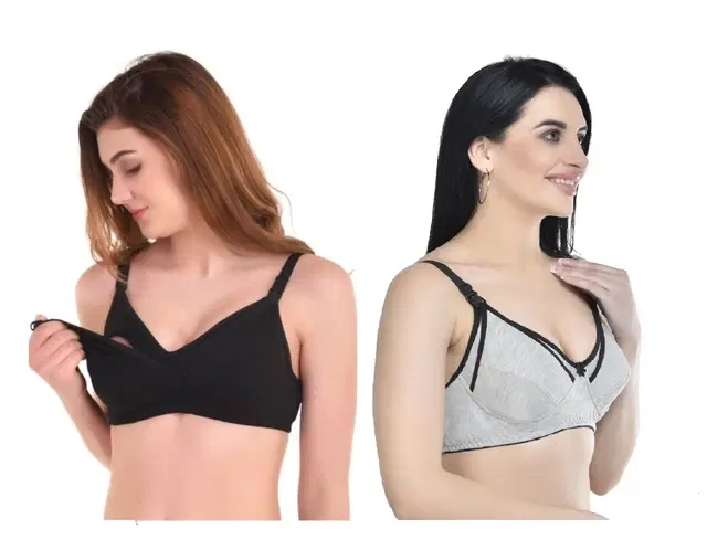 Cotton Blend Solid Non Padded Feeding Bras for Women, Pack of 2 (Multicolor, 32)