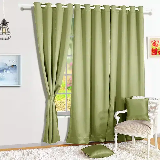 Polyester Solid Door & Window Curtains, Pack of 3, Green, 7 feet