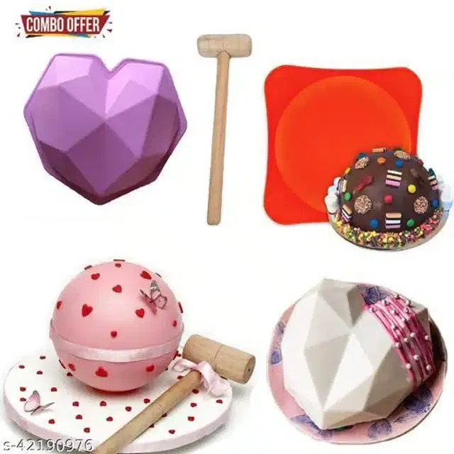 Silicone Heart & Round Bakeware Moulds with Hammer, Multicolor, Set of 3