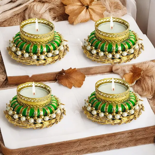 Metal Designer Tealight Candle Holder, Green, 8.5x8.5x3.5 cm, Pack of 4