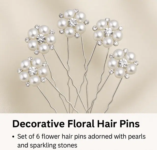 Metal Pearl & Stone Floral Hair Pins for Women, Silver Pack of 6