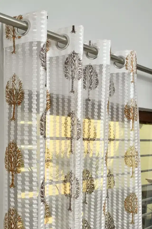 Netted Printed Window & Door Curtains, Pack of 2, White & Brown, 5 feet