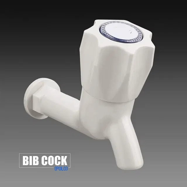 Plastic Long Body Bib Cock Tap with Wall Flange, White, Set of 1
