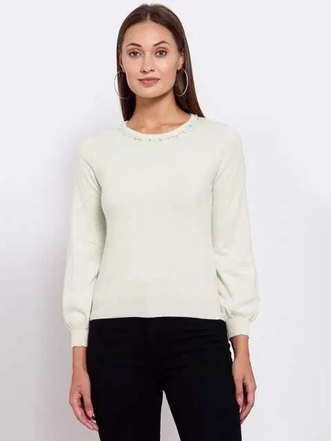 Women's Solid Sweater (White, M) (F-02)