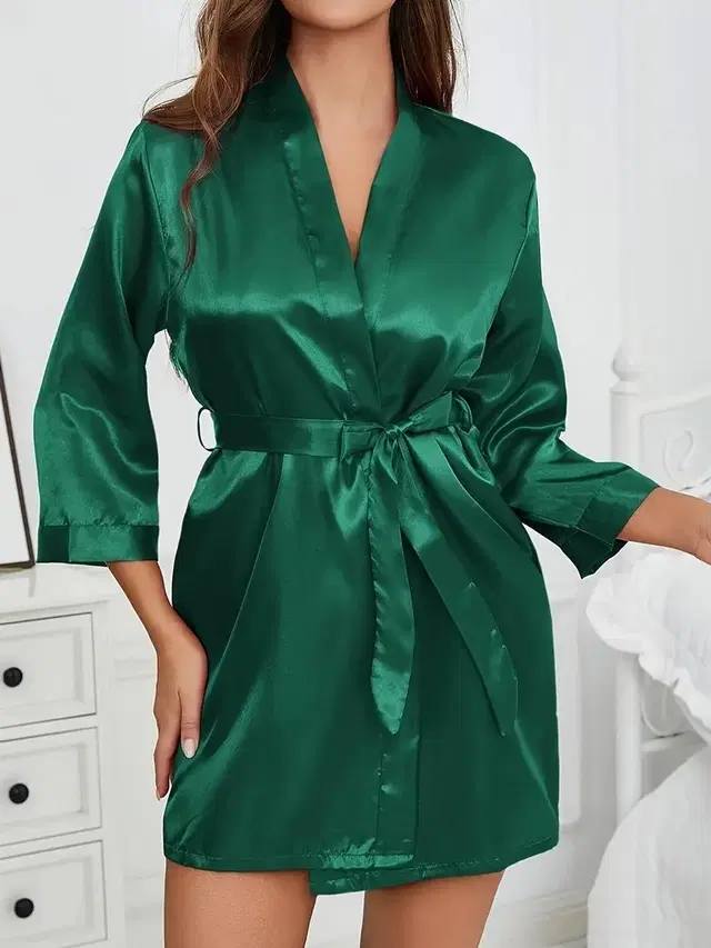 Satin Solid Nightdress for Women (Green, Free Size)