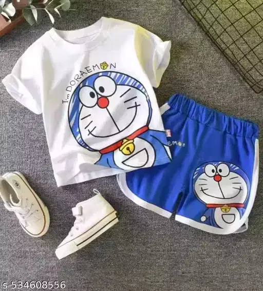 Doremon Print Art SilK Clothing Set for Kids ,Blue & White (3-4 Years)