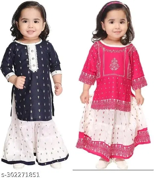 Rayon Kurta Set for Girls, Pack of 2 (Multicolor, 0-3 Months)