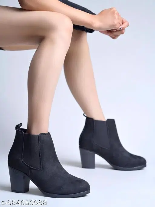 Shoetopia Suede Heeled Boots Black (IND-3)