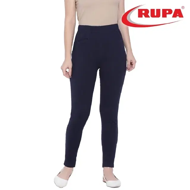 Rupa Cotton Lycra  Pocket Leggings for women, Navy Blue (Free Size)