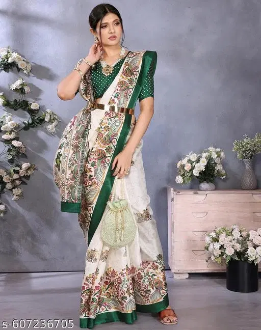 Cotton Printed Saree for Women, Green (6.3 m)