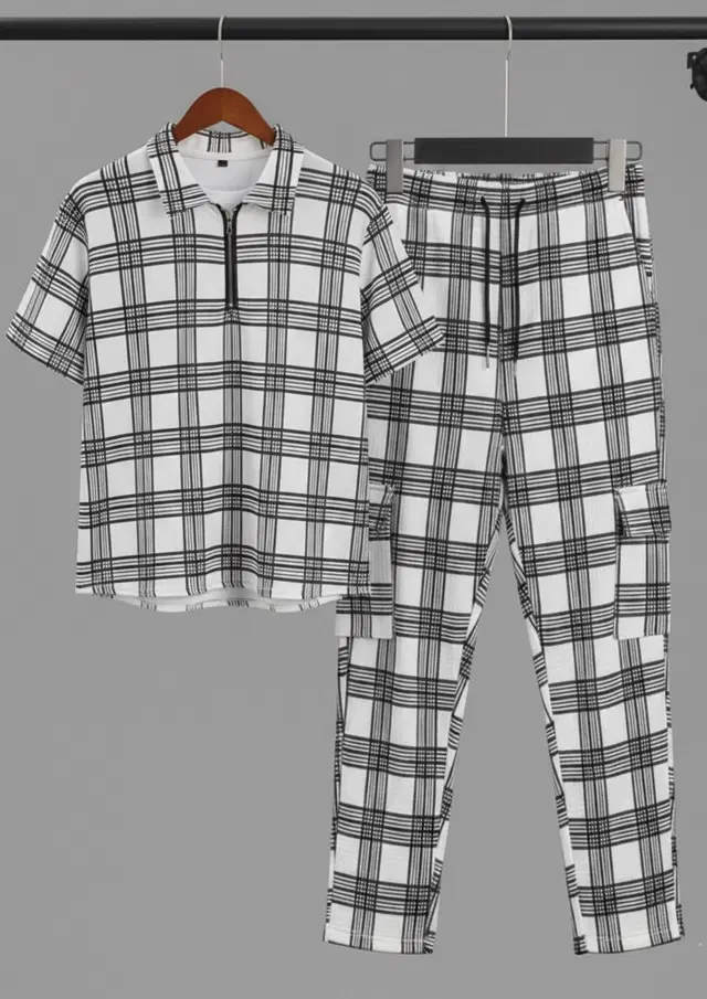 Check Printed Night Suit For Men  White , (M)