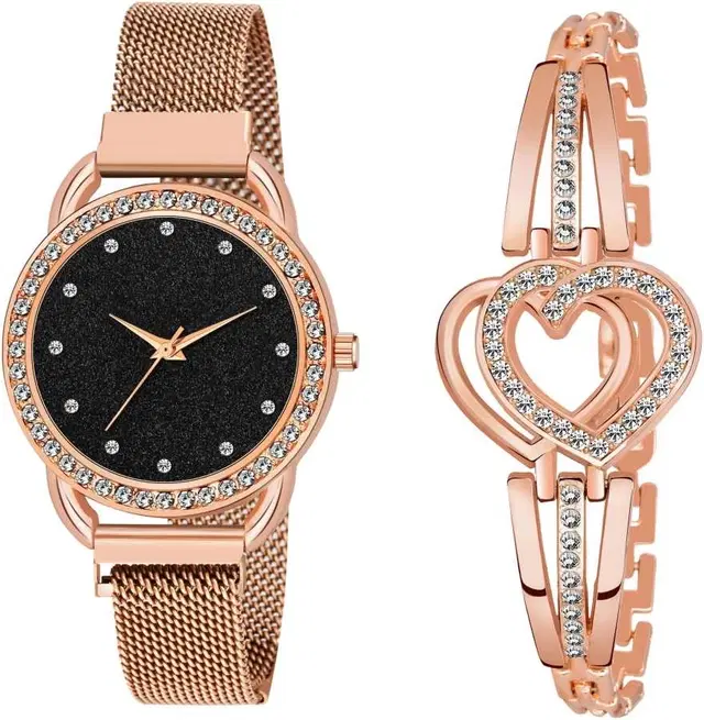 Metal Strap Analog Watch with Bracelet for Women & Girls, Set of 2 (Multicolor)