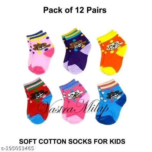 Cotton Socks for Kids, Set of 12 (Multicolor, 0-3 Months)