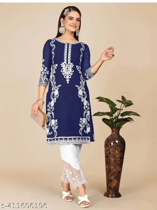 Georgette Embroidered Kurta & Paint Set For Womens, Blue (XXL)