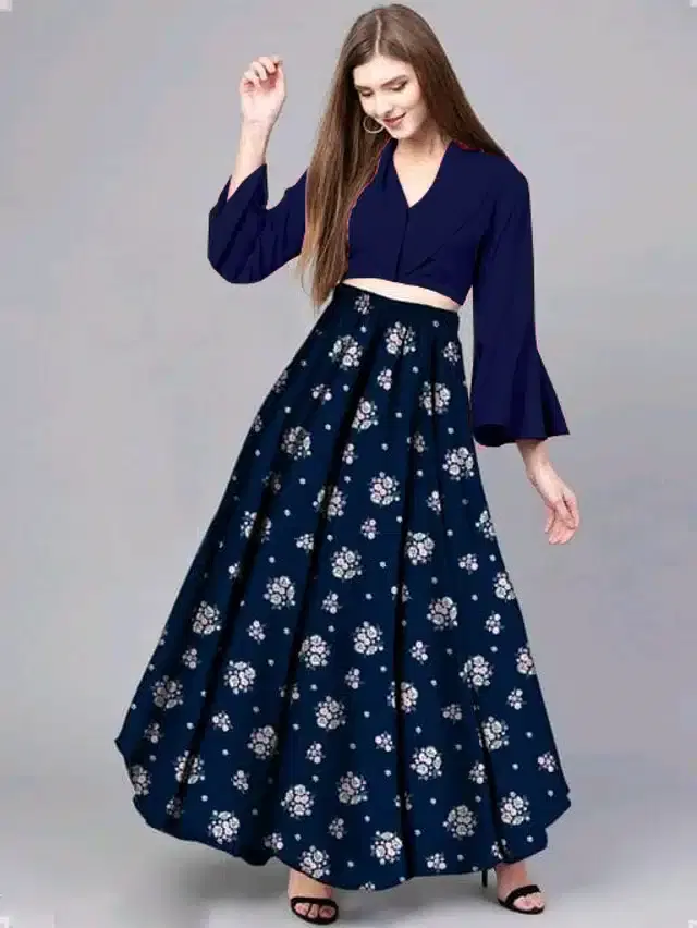 Digital Printed Unstitched Lehenga Choli for Women (Navy Blue)