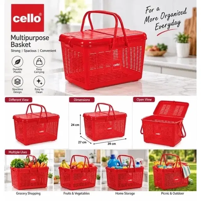 Cello Multimate Utility Basket, Small, Red | Multipurpose Storage | Sturdy & Lightweight