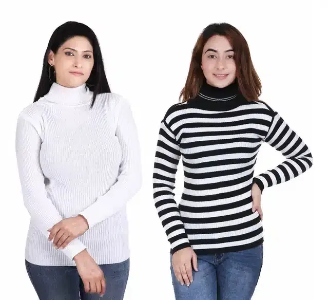Full Sleeves Solid Sweater for Women, Pack of 2 (White, S)