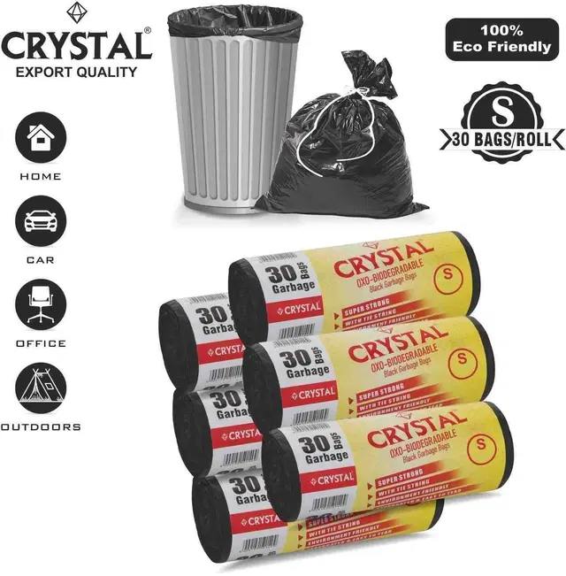 Crystal 30 Pcs Garbage Bags Rolls, Black, 20 L, Set of 6