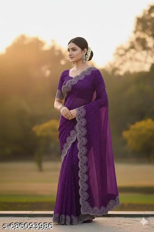 Chinnon Embellished Saree For Women, Purple