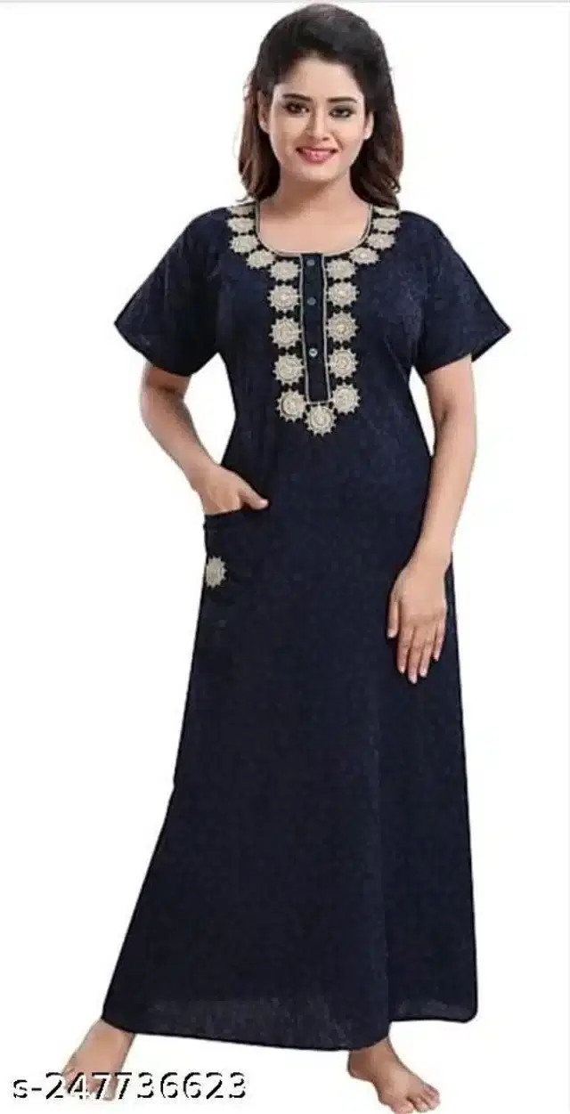 Cotton Printed Gown for Women (Navy Blue, Free Size)