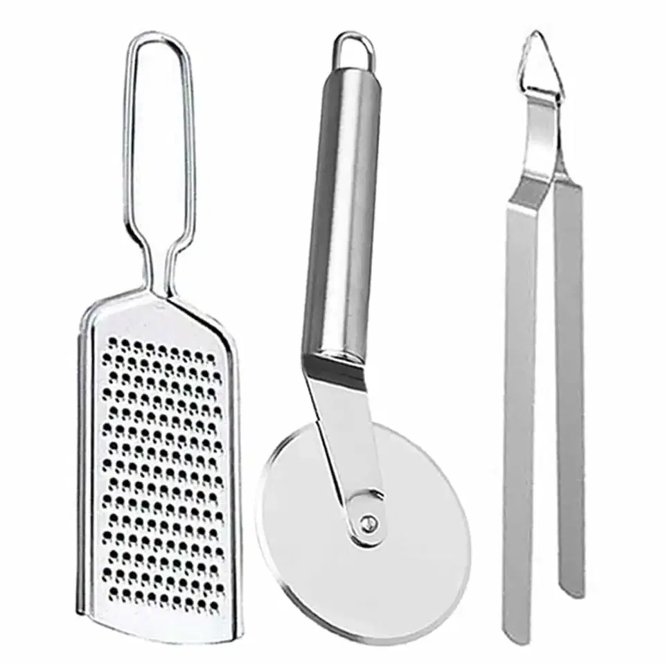 Oc9 Stainless Steel Cheese Grater & Pizza Cutter & Roti Chimta For Kitchen Tool Set