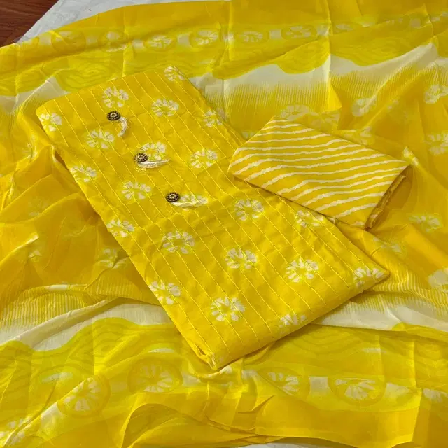 100% Cotton Yellow Batic with Katha work Unstitched Suit, Yellow (Free SIze)