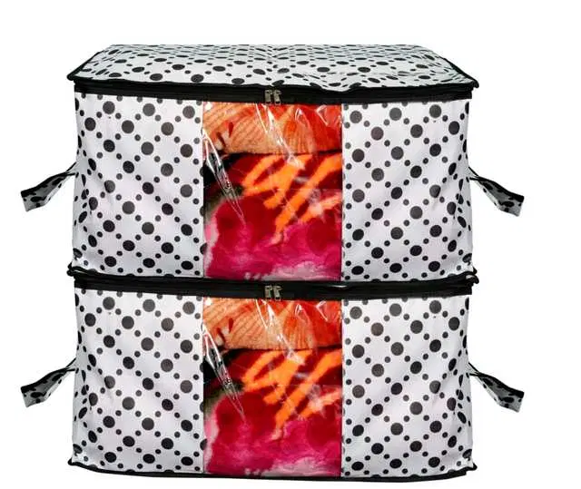 Designer Dots Print Non Woven Underbed Storage Bag,Cloth Organiser,Blanket Cover With Transparent Window, Multicolor, 30x25x80 cm, Pack Of 2, S-51
