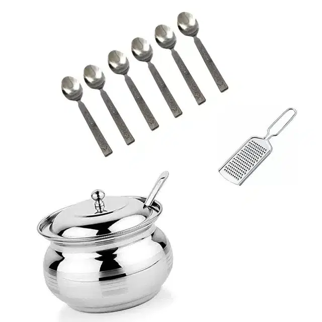Stainless Steel Cheese Grater,Steel Chammach & Ghee Pot with Spoon, Combo of 3