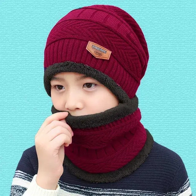 Woolen Solid Cap with Neck Warmer for Kids, Maroon (Free Size)